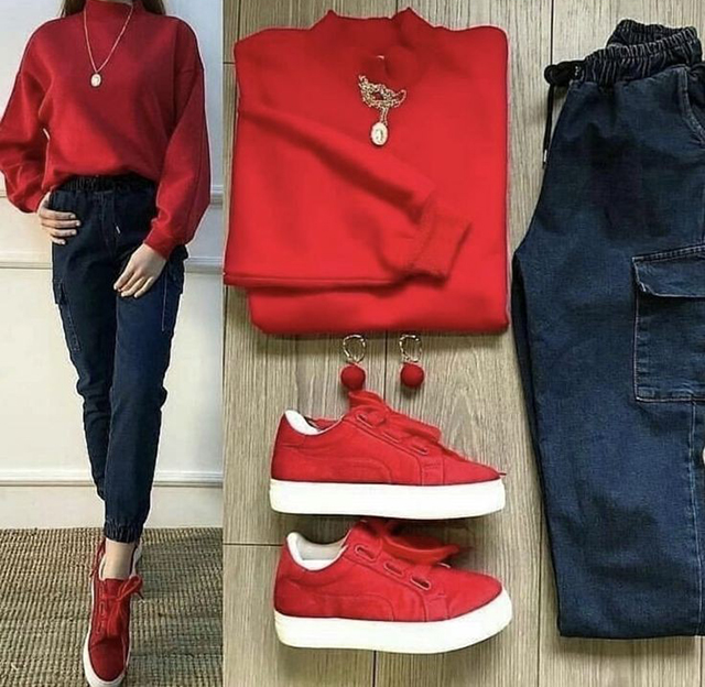 ست بلوز و کفش قرمز با شلوار جین