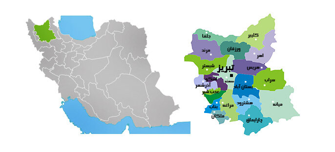 موقعیت تبریز در استان  (سمت راست)؛ تبریز در نقشه ایران (سمت چپ)