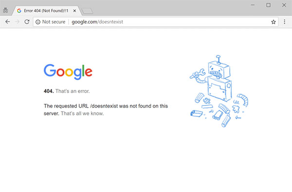 نمونه ارور 404 در سایت گوگل