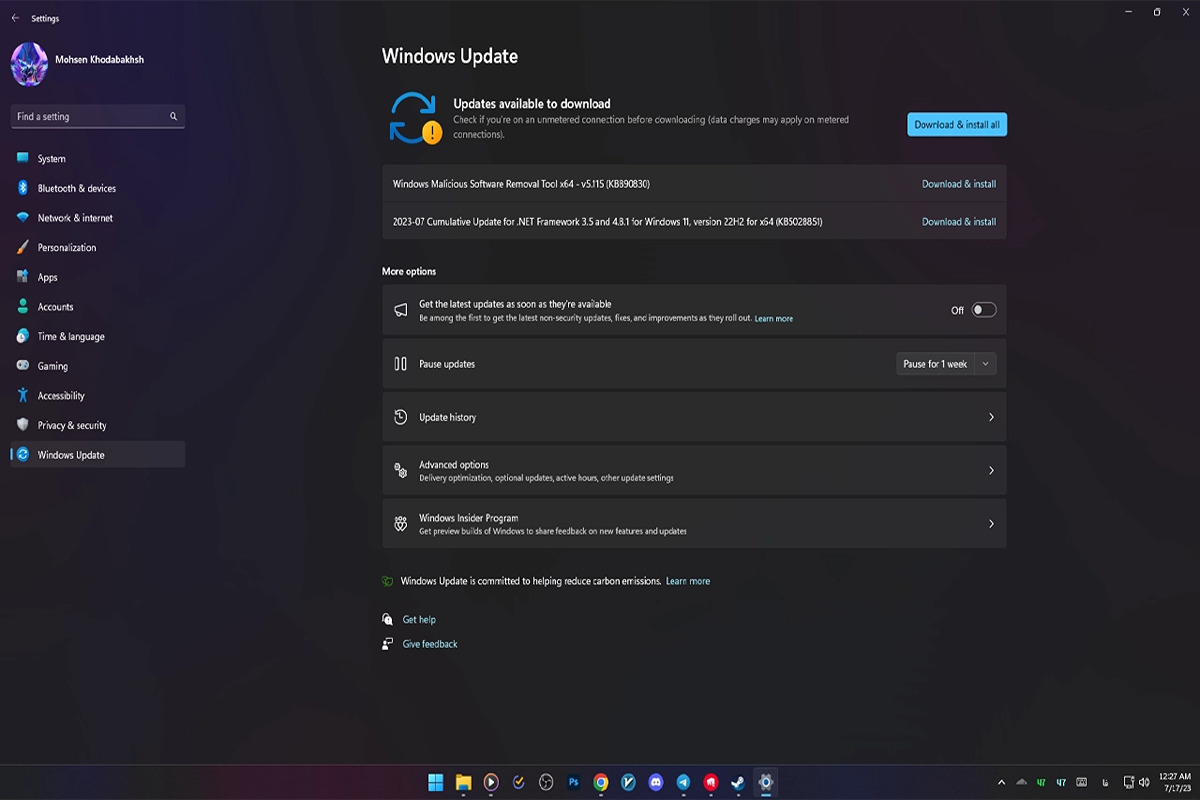 آپدیت از گزینه آپدیت خودکار ویندوز