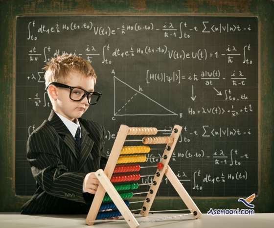 genius student or teacher boy with abacus on school blackboard
