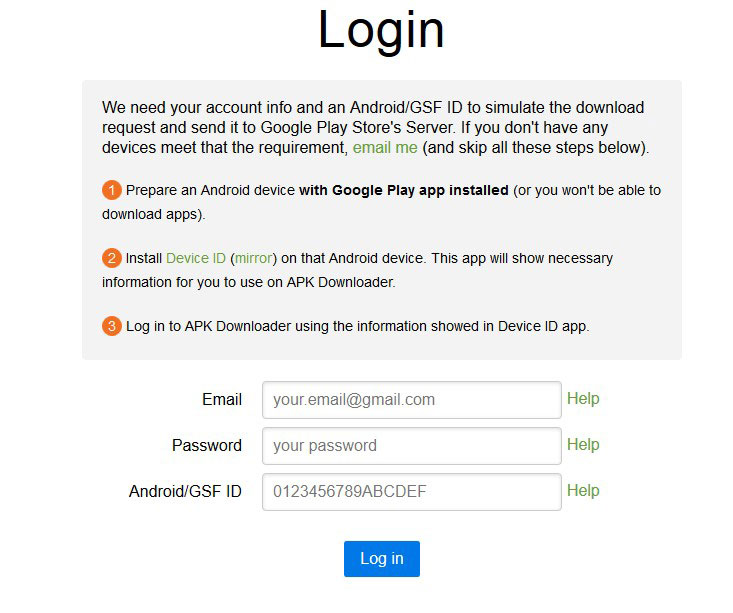 صفحه لاگین مربوط به افزونه APK Downloader فایرفاکس