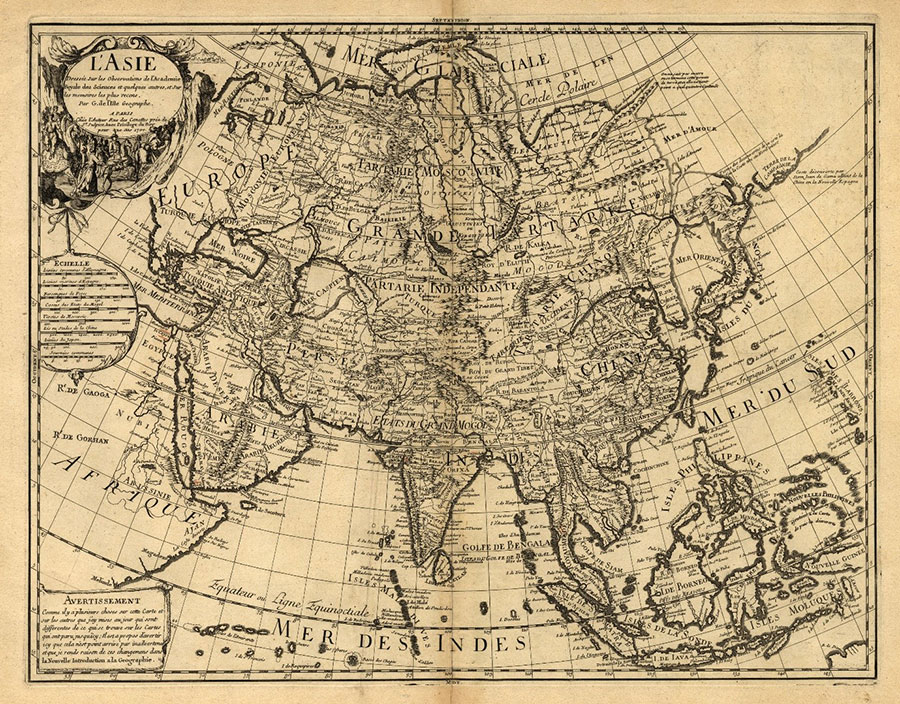 آسمونی - نقشه قدیمی از آسیا متعلق به سال 1700 میلادی از گیلوم دلیسه کارتوگراف فرانسوی