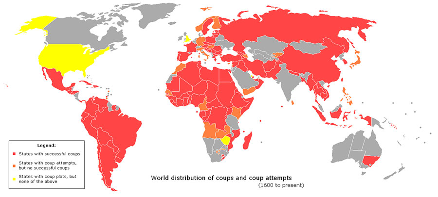 آسمونی - نقشه پراکندگی کودتاها در کشورهای مختلف