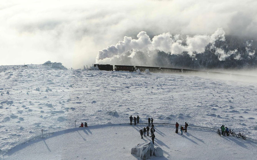 توریستها در حال تماشای قطاری درحال عبور از منظره یخی در آلمان