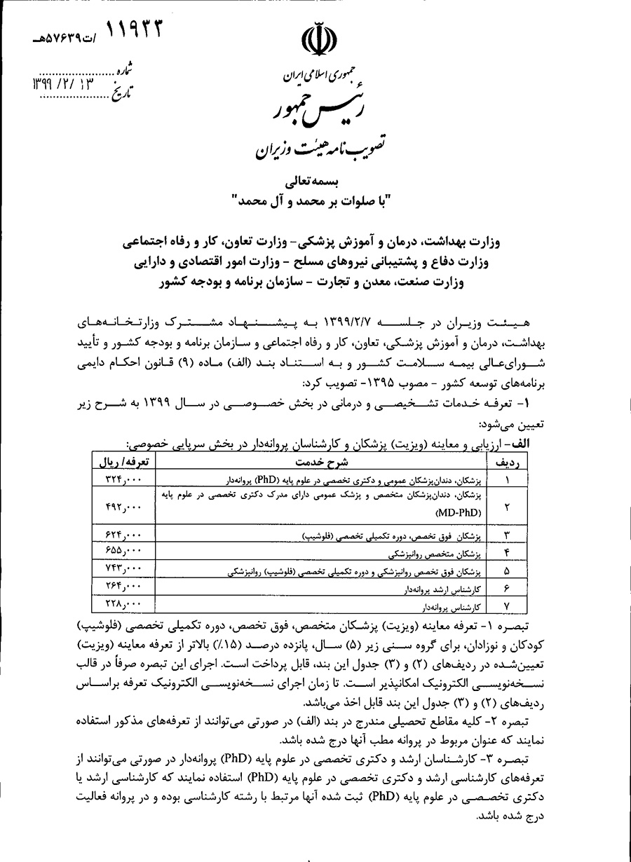 تعرفههای پزشکی سال 99 اعلام شد تعرفههای پزشکی سال 99 اعلام شد