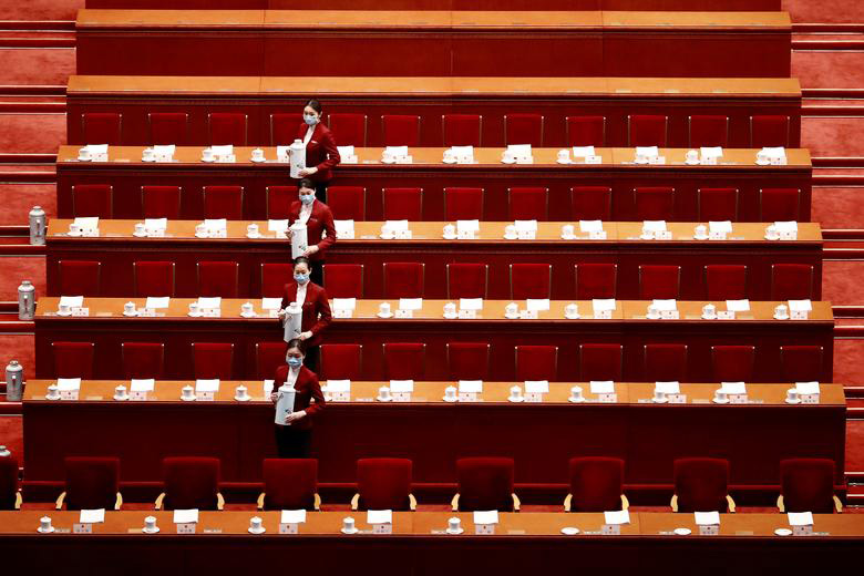آماده سازی سالن برای ادامه نشست سالانه کنگره ملی خلق (پارلمان) چین